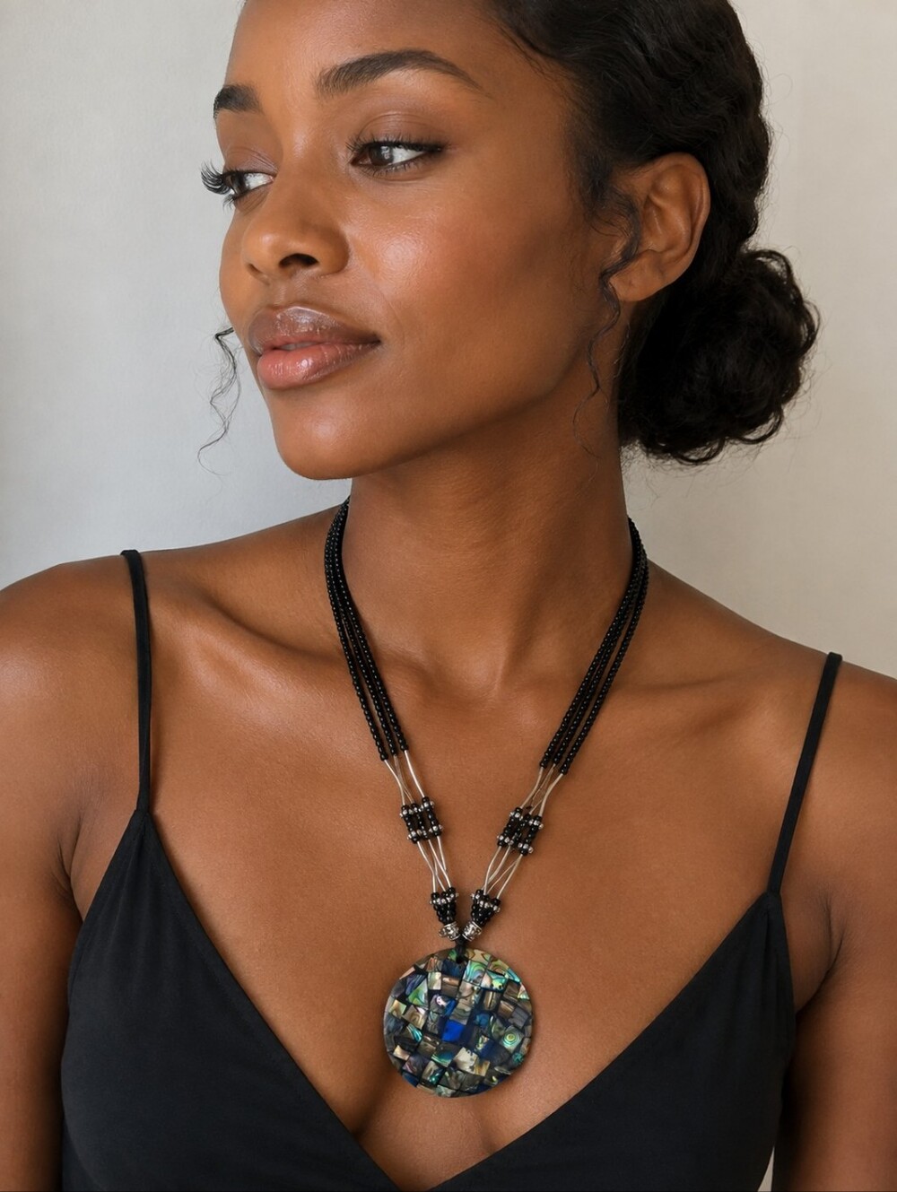 Black Beaded Abalone Mosaic Pendant Necklace